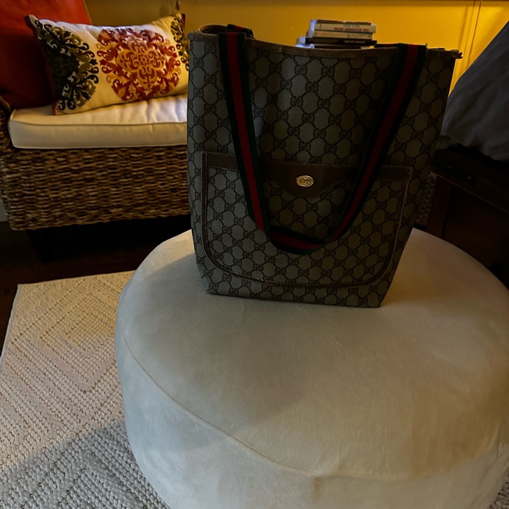 Gucci Monogram Brown Tote with Red and Green Accents